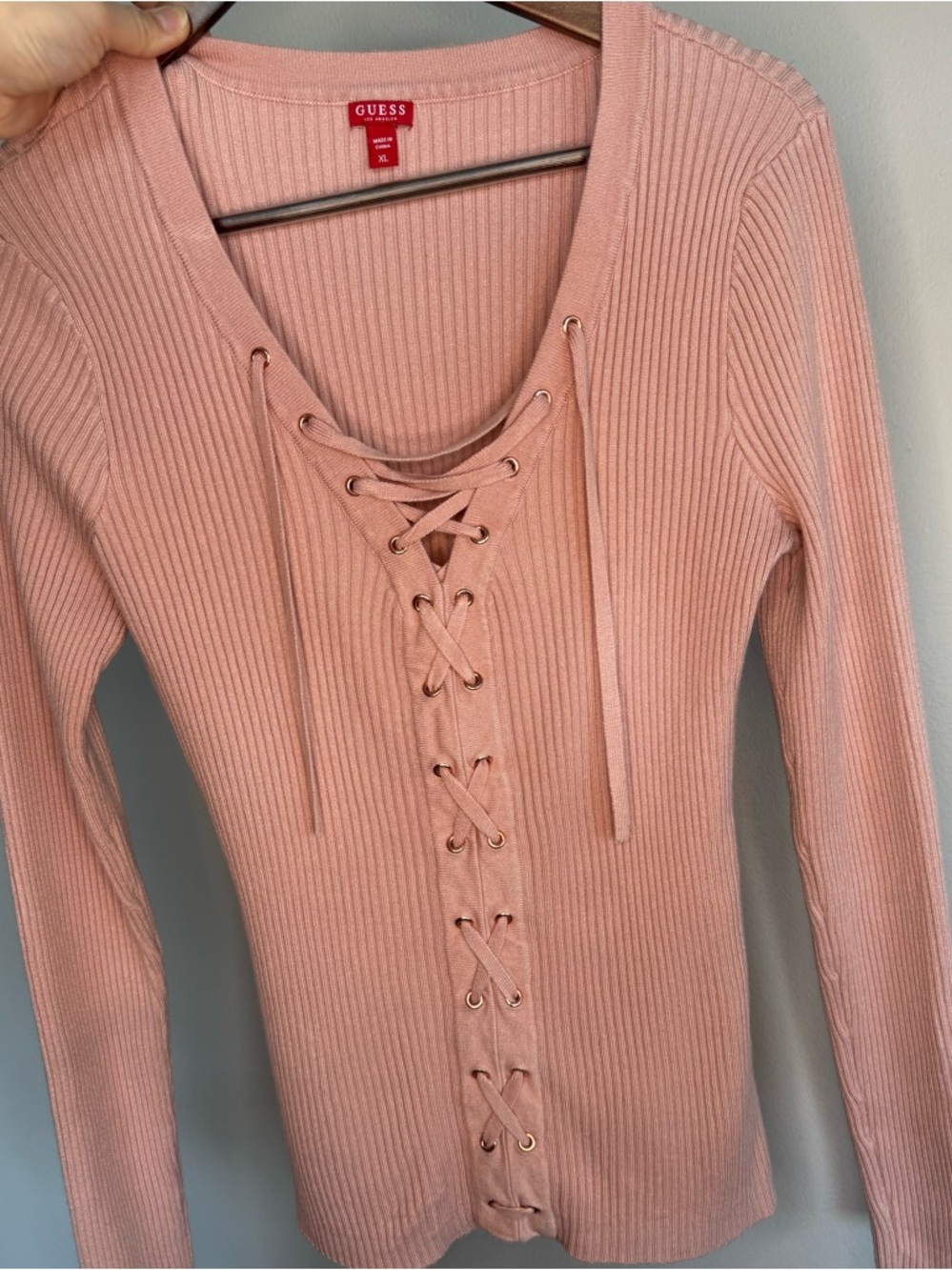 Guess Pink Lace Up Long Sleeve Ribbed Knit Sweater Size XL EUC